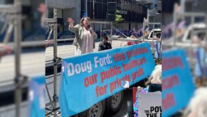 Ontario Health Coalition Executive Director Natalie Mehra at a rally in Toronto in 2024.