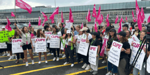 Flight attendants rally outside of Pearson International Airport in Toronto on Sunday, August 17.