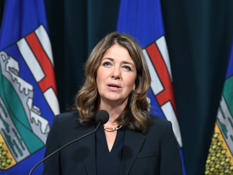 Alberta Premier Danielle Smith at her news conference about health care ID, where the topic of book bans came up.