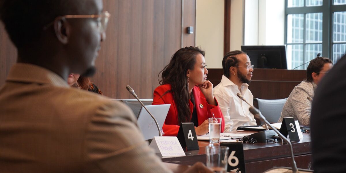 Minister of Women and Gender Equality Rechie Valdez (centre) at a round table on 2SLGBTQIA+ issues.