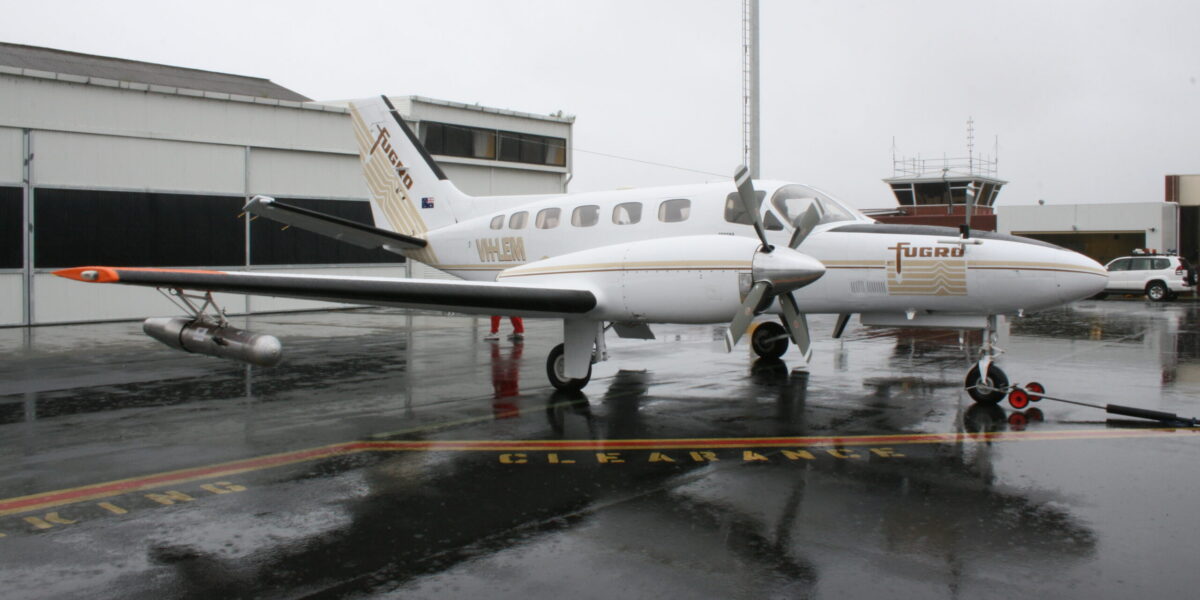A Cessna 441 Conquest II (VH-LEM) fitted with cloud seeding equipment.