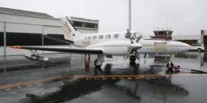 A Cessna 441 Conquest II (VH-LEM) fitted with cloud seeding equipment.