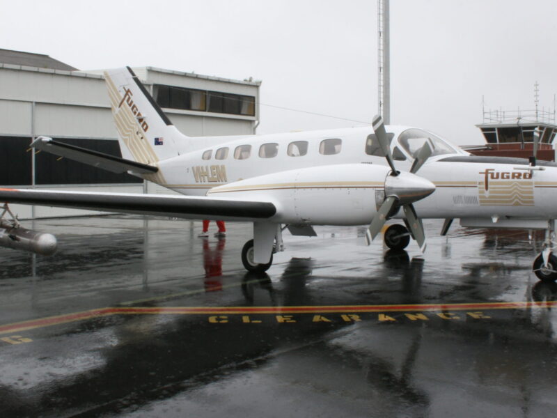 A Cessna 441 Conquest II (VH-LEM) fitted with cloud seeding equipment.