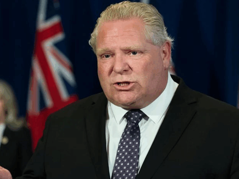 An image of Ontario Premier Doug Ford speaking to media at a press conference. A new poll has found that a majority of Ontarians lay the blame for cuts to public education at the door of Doug Ford’s Conservatives.