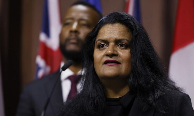 An image of Sharon DeSousa speaking at a press conference. National president of the Public Service Alliance of Canada, DeSousa, published an op-ed calling out the federal government’s overuse of section 107 in the Canada Labour Code.