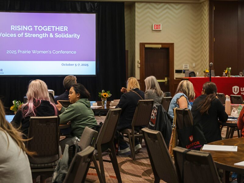 An image of a presentation happening at the Prairie Women's Conference by Unifor.