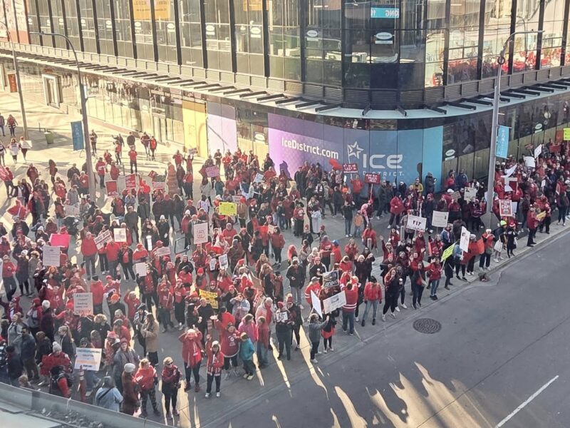 An overhead image of teachers at a labour rally in mid October outside Rogers Place in Edmonton. The Canadian Federation of Nurses Unions (CFNU) stands in solidarity with the Alberta Teachers’ Association as they face back to work legislation.