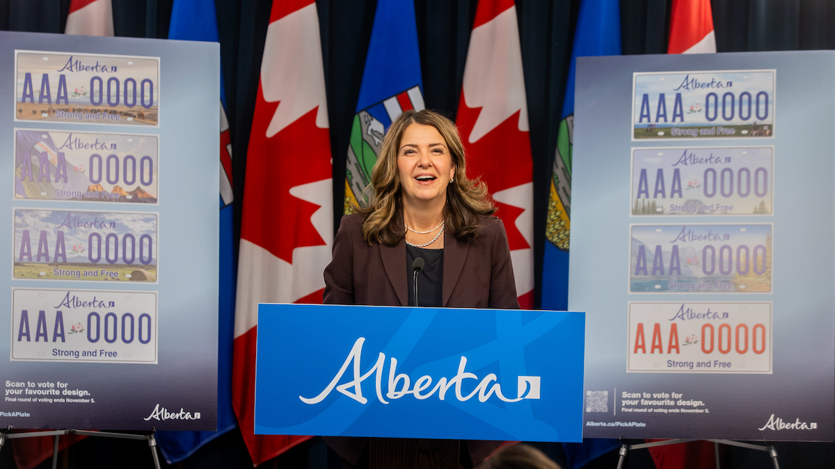 Alberta premier Danielle Smith at a press conference on license plates on Wednesday, October 15, 2025.