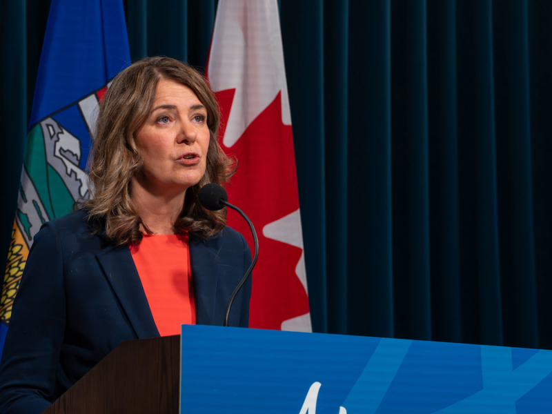 Alberta Premier Danielle Smith at a news conference October 17 about the province-wide strike by 51,000 schoolteachers.