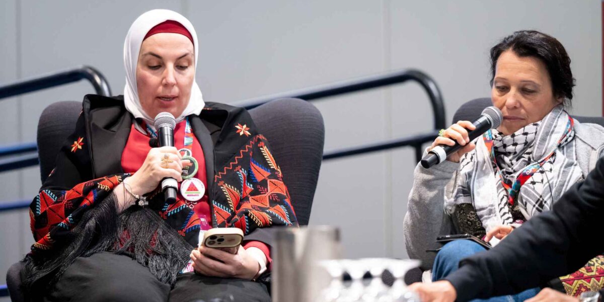 Pictured from left-to-right are Lana Nazzal, president of the Palestinian Governmental Health Service Employees' Union and Carine Metz, coordinator with the Democracy and Workers' Rights Centre in Palestine.