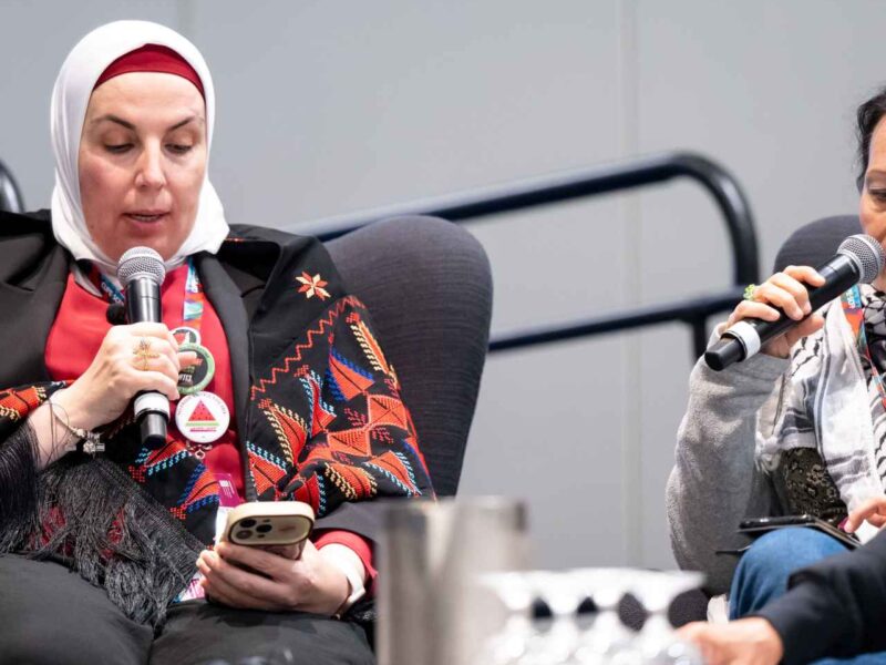 Pictured from left-to-right are Lana Nazzal, president of the Palestinian Governmental Health Service Employees' Union and Carine Metz, coordinator with the Democracy and Workers' Rights Centre in Palestine.