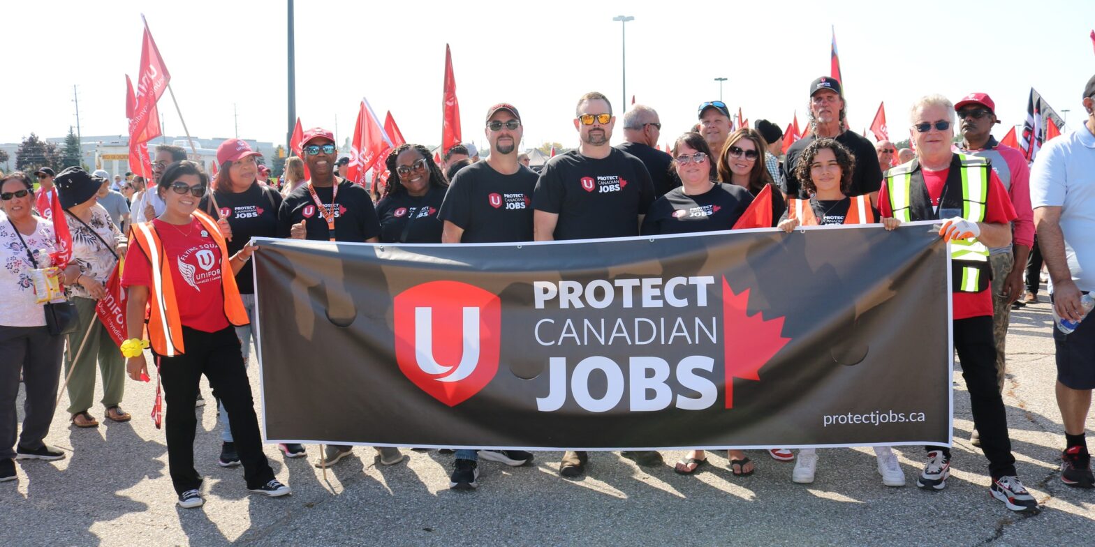 An image of a rally calling for the protection of Canadian jobs. Unifor’s national president Lana Payne released a video this week highlighting what workers need from the government during Trump’s trade war.