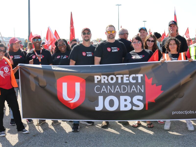 An image of a rally calling for the protection of Canadian jobs. Unifor’s national president Lana Payne released a video this week highlighting what workers need from the government during Trump’s trade war.