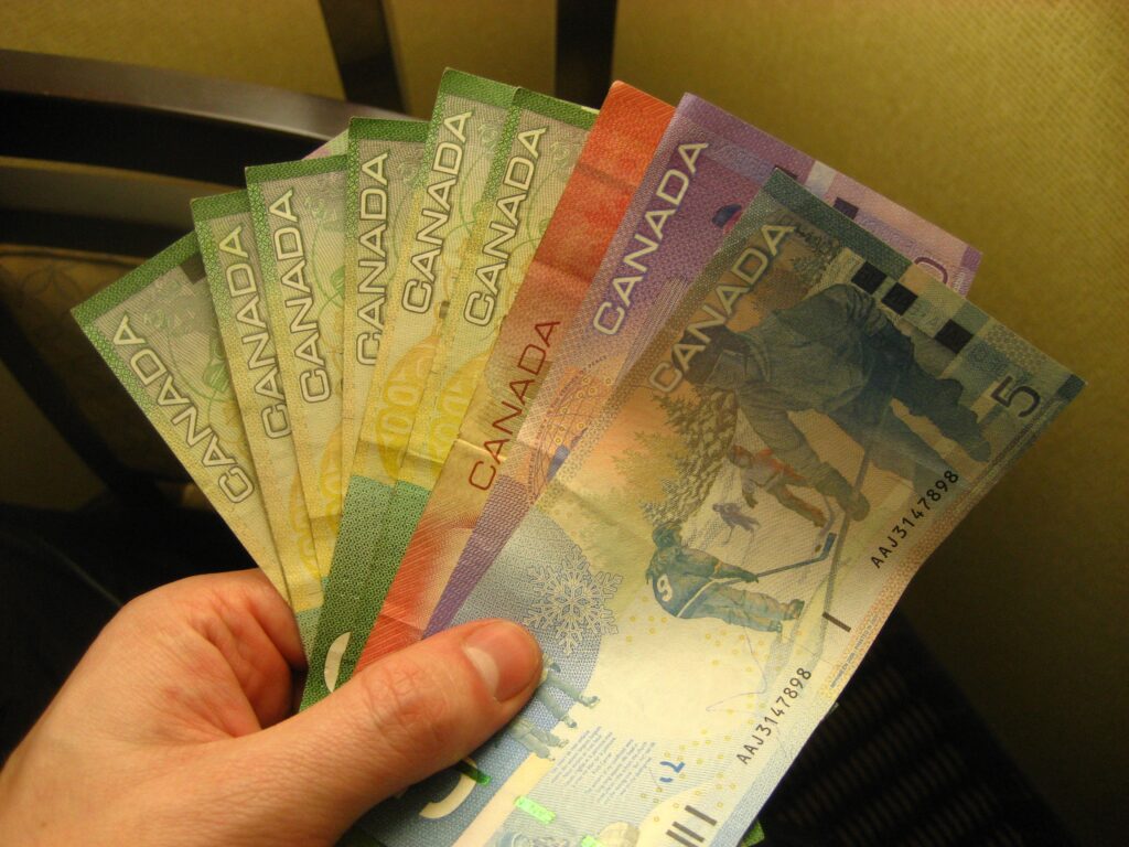 A handful of Canadian currency.
