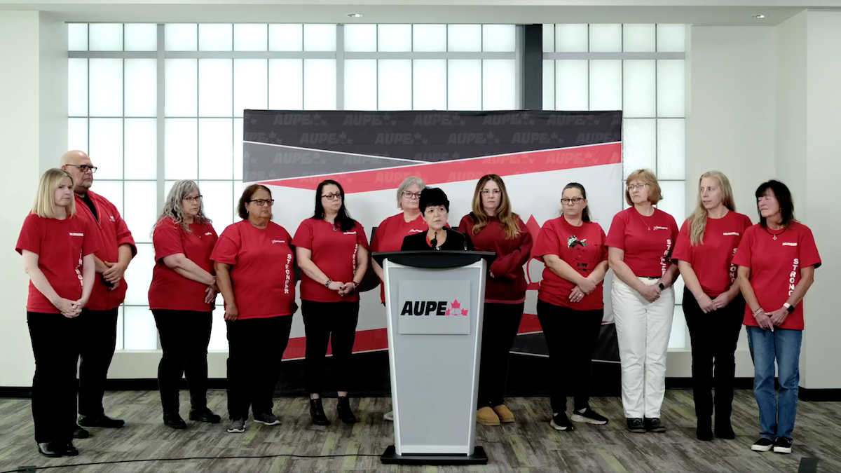 AUPE President Sandra Azocar with her health care bargaining team at Wednesday’s union news conference in Edmonton