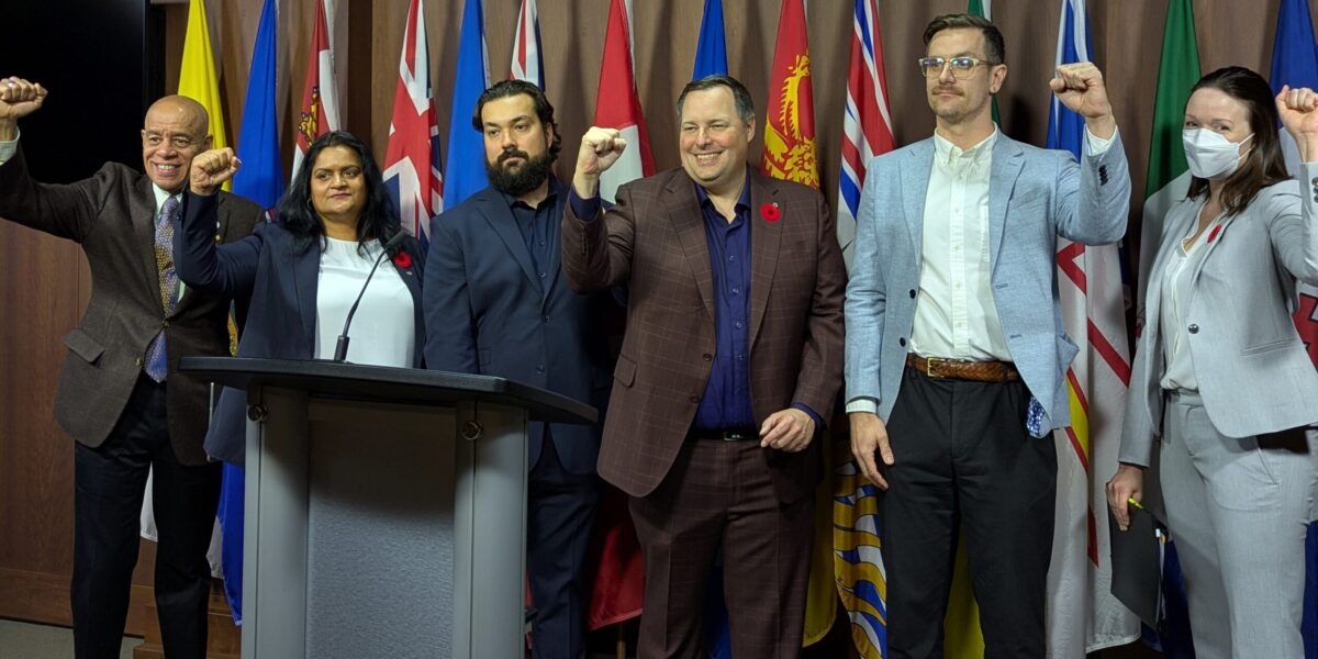 Labour leaders at a press conference responding to federal cuts to the civil service on Wednesday, November 5, 2025.