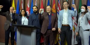 Labour leaders at a press conference responding to federal cuts to the civil service on Wednesday, November 5, 2025.