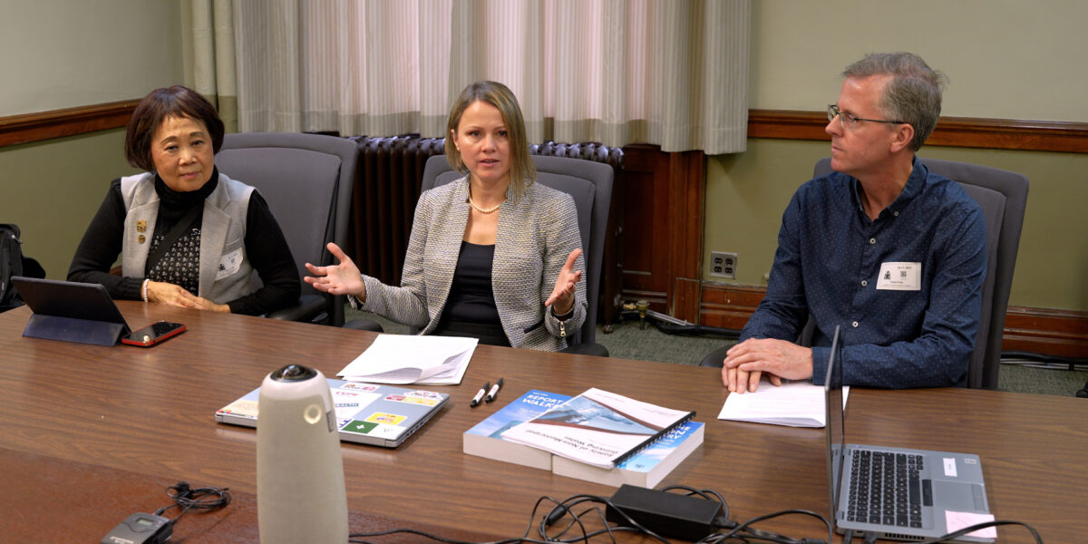 Pictured from left-to-right are: Betty Wu-Lawrence, a sexual health nurse with Toronto Public Health, Merima Kosteki, Public Health Inspector with Southeast Public Health, and Chris Eaton, Public Health Inspector for Lakelands Public Health at a press conference in Queen's Park in Toronto on Wednesday, November 26, 2025.