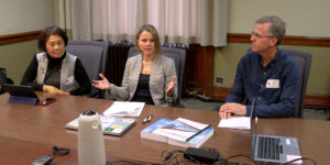 Pictured from left-to-right are: Betty Wu-Lawrence, a sexual health nurse with Toronto Public Health, Merima Kosteki, Public Health Inspector with Southeast Public Health, and Chris Eaton, Public Health Inspector for Lakelands Public Health at a press conference in Queen's Park in Toronto on Wednesday, November 26, 2025.
