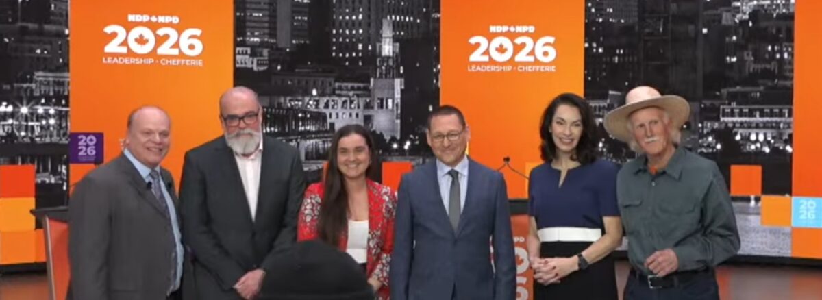 The NDP leadership candidates with moderator Karl Bélanger. Pictured from left-to-right are: Karl Bélanger, Rob Ashton, Tanille Johnston, Avi Lewis, Healther McPherson, and Tony McQuail.