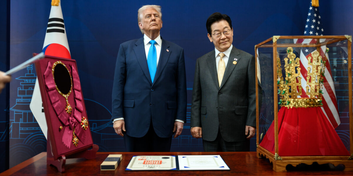 President Donald Trump is awarded the Grand Order of Mugunghwa by South Korean President Lee Jae Myung during a ceremony at the Gyeongju National Museum, South Korea on Wednesday, October 29, 2025.