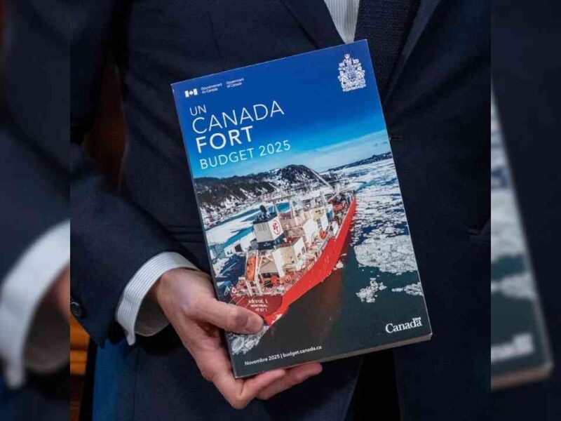 François-Philippe Champagne holding the 2025 federal budget book.