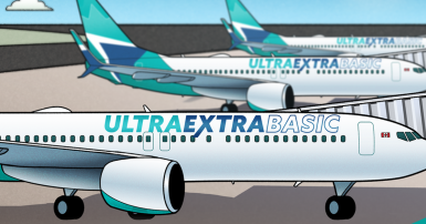 Digital art of WestJet planes sitting in an airport.