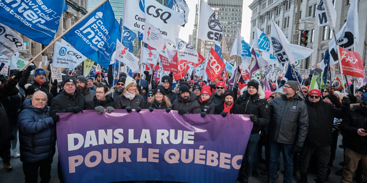 Quebec unions protesting the Legault government on November 29, 2025.