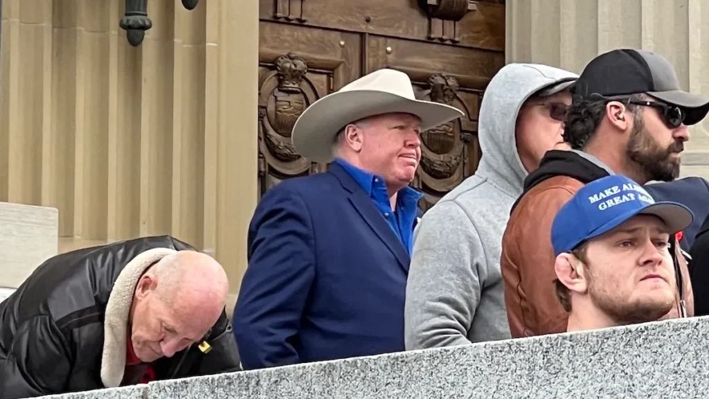 Jeffrey Rath, in cowboy hat, on the steps of the Alberta Legislature on October 25 during a separatist rally in Edmonton.