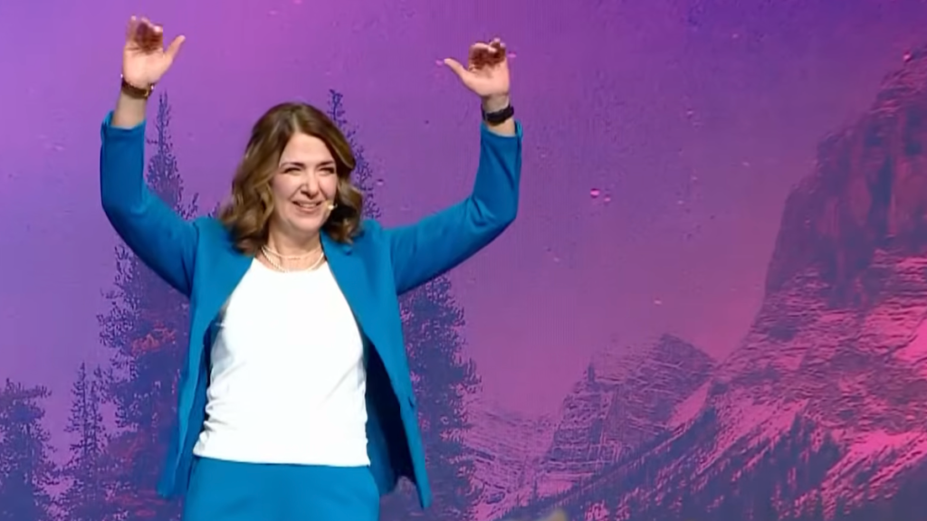 Alberta Premier Danielle Smith during her speech to the United Conservative Party’s annual general meeting in Edmonton on Saturday.