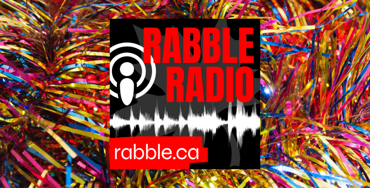 A picture of the rabble radio logo against a backdrop of confetti.