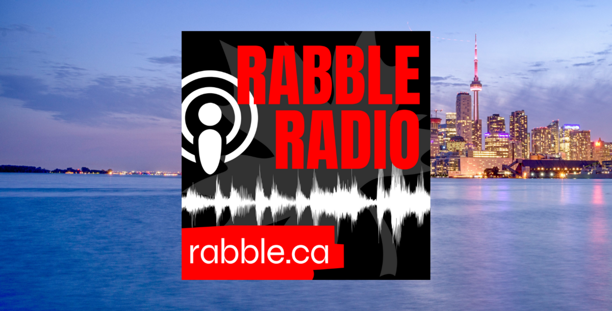 A photo of the Toronto skyline with the rabble radio image on top.