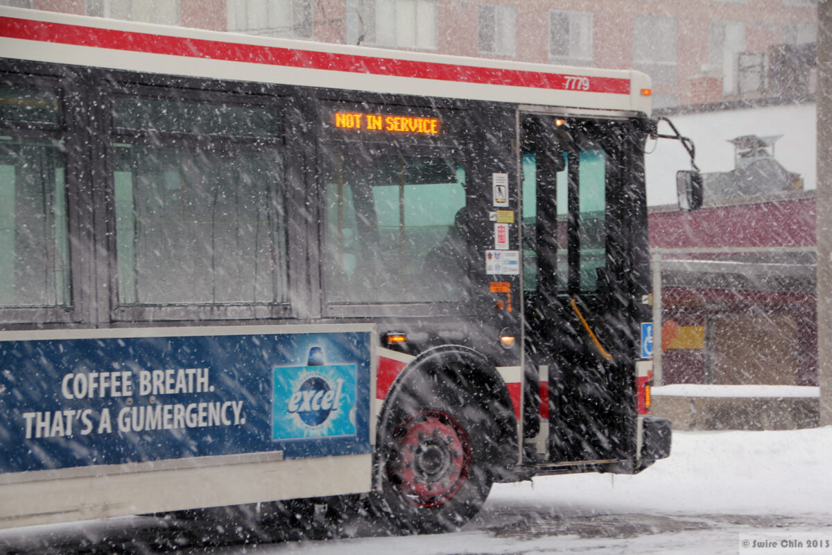 A Toronto bus “Not in Service.” Ironically, buses, streetcars and subways have been pressed into service as rolling shelters for the city’s 15,000 plus homeless struggling to stay warm in winter.