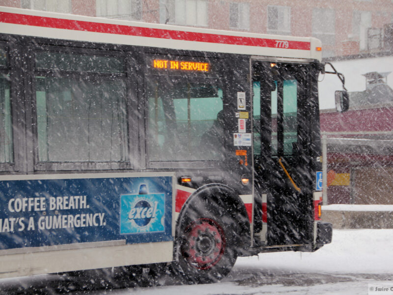 A Toronto bus “Not in Service.” Ironically, buses, streetcars and subways have been pressed into service as rolling shelters for the city’s 15,000 plus homeless struggling to stay warm in winter.