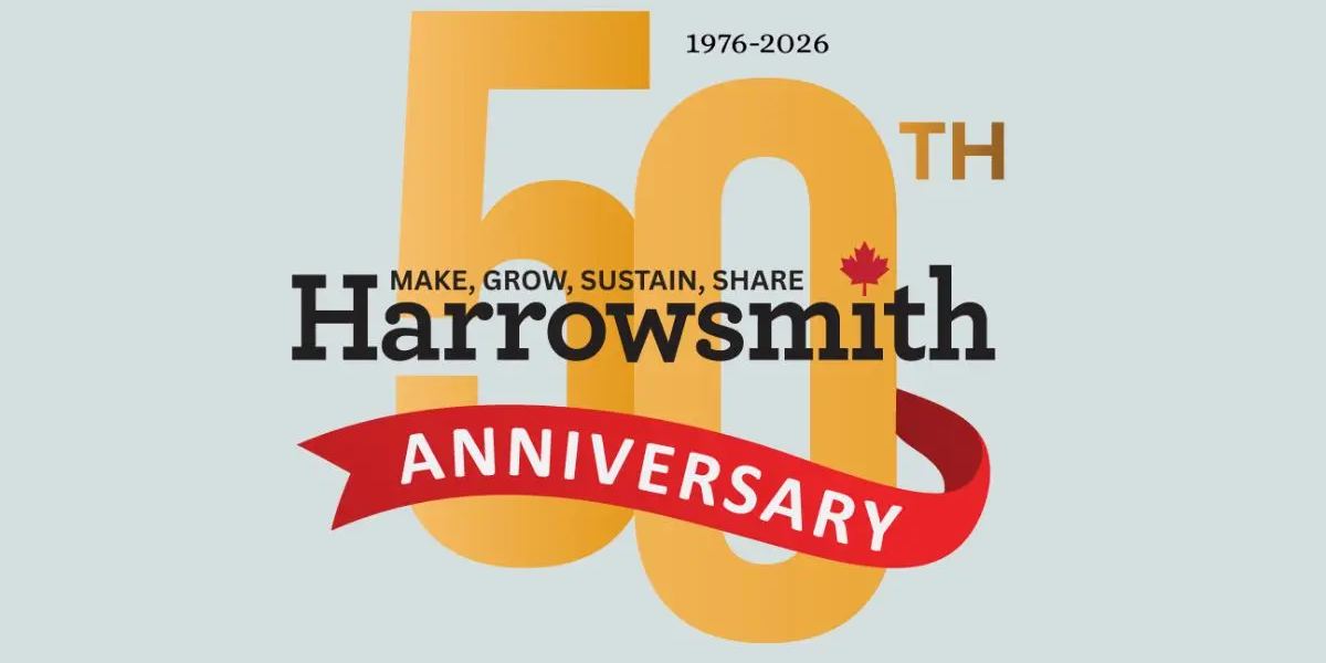 An image of Harrowsmith's 50th anniversary logo on an off-white background.