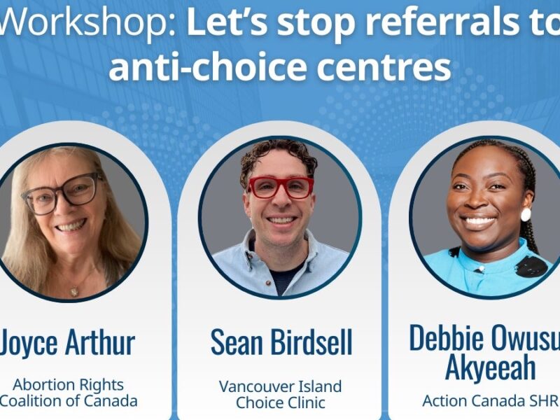 An image of the three panelists for the upcoming webinar on unregulated pregnancy centres in Canada.