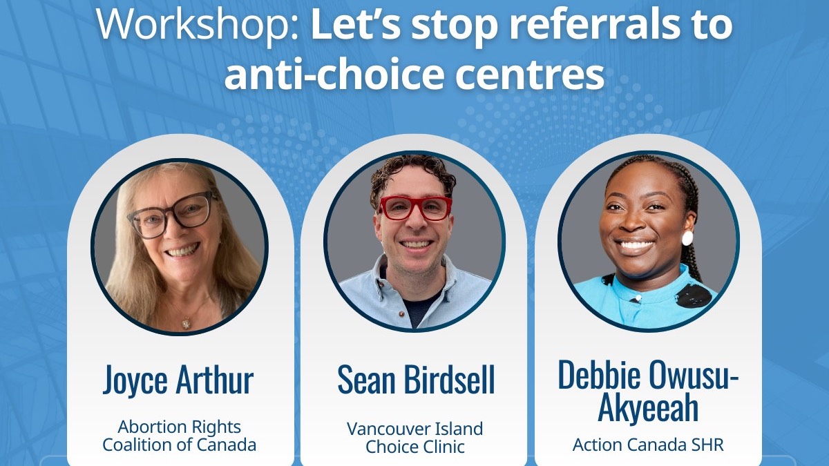 An image of the three panelists for the upcoming webinar on unregulated pregnancy centres in Canada.