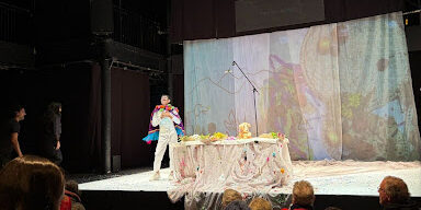 Tiziano Cruz on stage at Theatre Passe Muraille for a performance of Weyqeycuna.