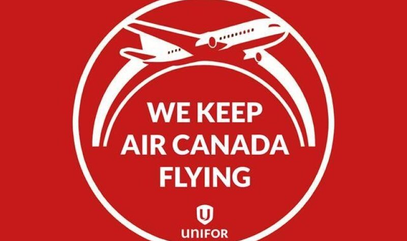 An image of a digital design on a red background. The design shows an airplane in the top half of a circle with the text, "We keep Air Canada flying," underneath it.