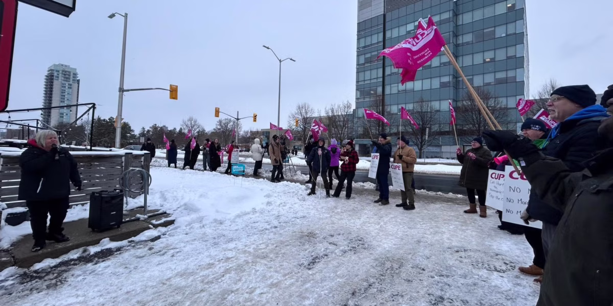 Long-term care workers represented by the Canadian Union of Public Employees protesting job cuts at a long-term care facility in Ottawa.