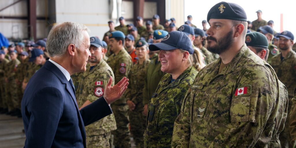 Prime Minister Mark Carney meeting with members of the Canadian military.