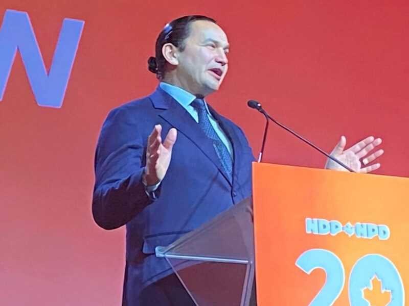 Manitoba Premier Wab Kinew addressing the 2026 federal NDP convention on Friday, March 27.