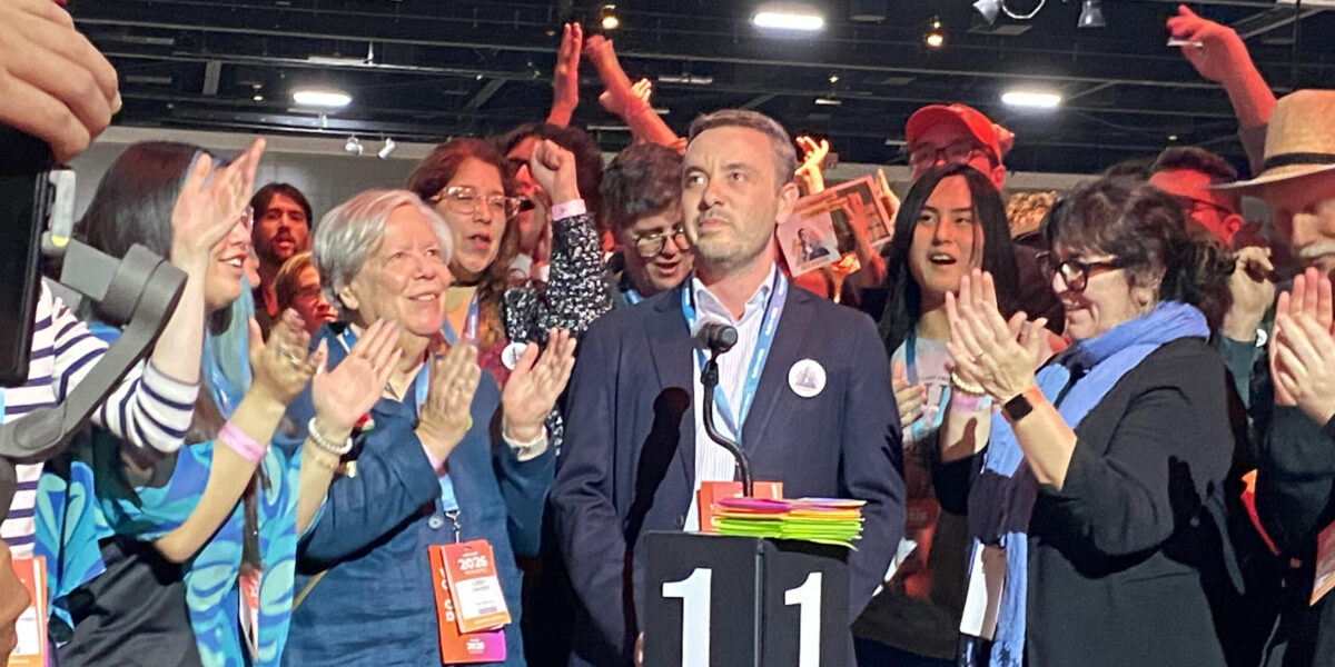 Niall Ricardo making his pitch to be president of the NDP executive committee on the floor of the convention on Saturday, March 28, 2026.