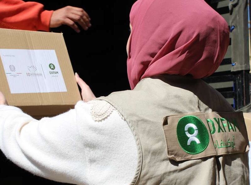 Oxfam staff deliver hygiene kits at a collective shelter south of Beirut on March 5th, 2026. Hygiene kits contain toothbrushes and toothpaste, soap, toilet paper, laundry powder, menstrual pads, and other cleaning products.