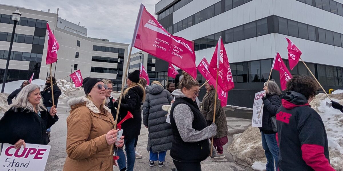CUPE members rallying outside of the head office of Sienna Senior Living in Markham, ON, on Thursday, March 5, 2026.