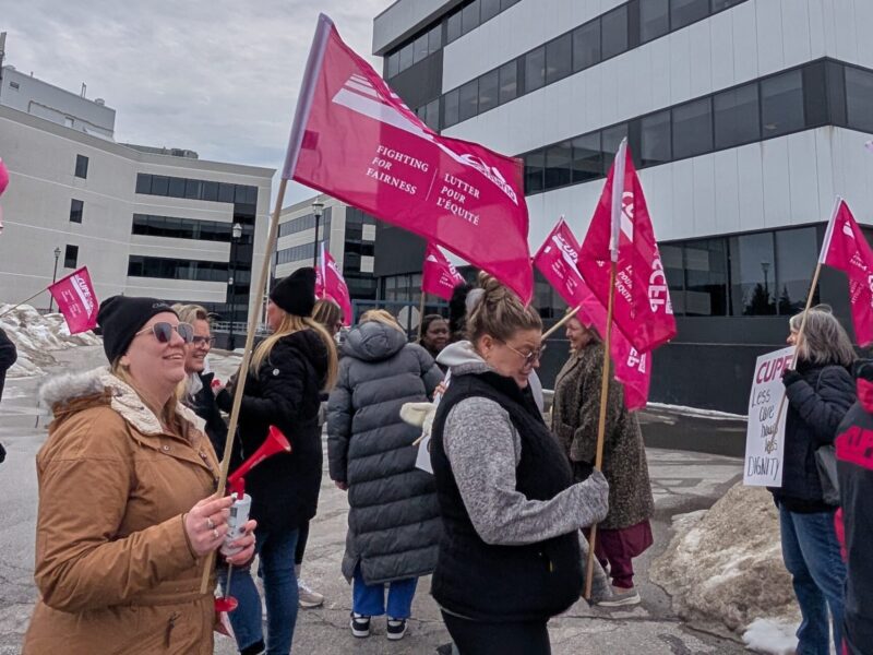 CUPE members rallying outside of the head office of Sienna Senior Living in Markham, ON, on Thursday, March 5, 2026.