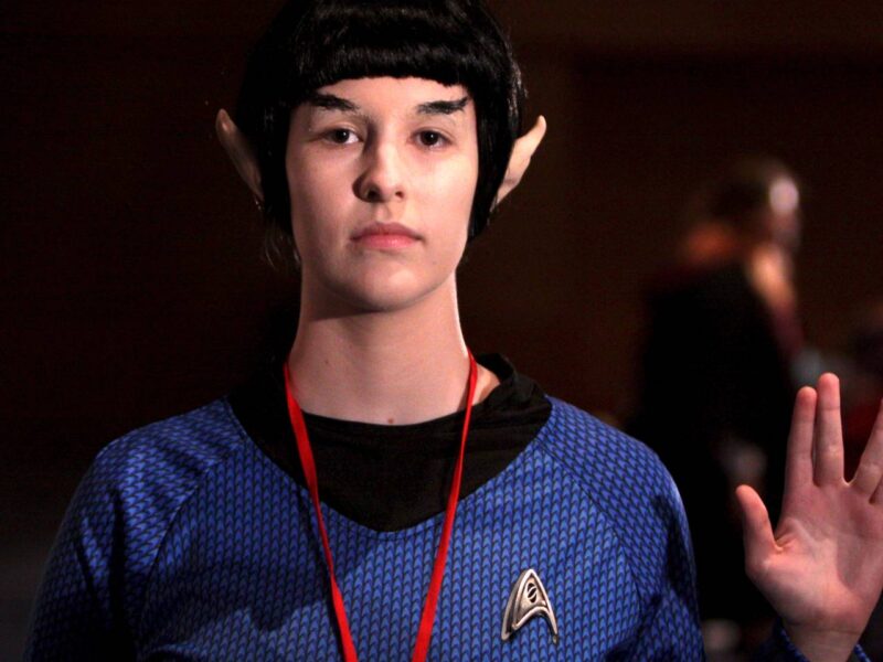 A Star Trek fan displaying the "Live Long and Prosper" hand gesture.