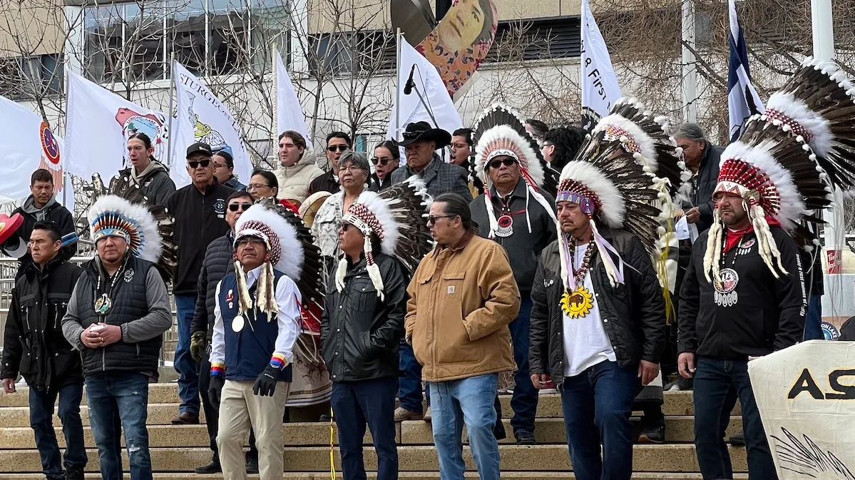 Treaty 6, 7 and 8 chiefs at Wednesday’s rally in Churchill Square near the Edmonton Court of King’s Bench building.