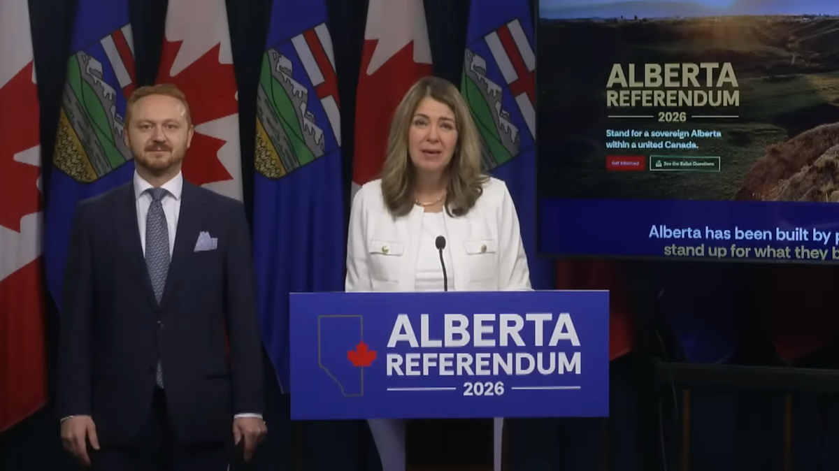 Alberta Premier Danielle Smith and Justice Minister Mickey Amery at their news conference.