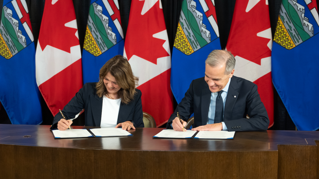 Alberta Premier Danielle Smith and Prime Minister Mark Carney signed the memorandum of understanding last fall that set the stage for Friday’s carbon pricing, carbon capture and bitumen pipeline deal.